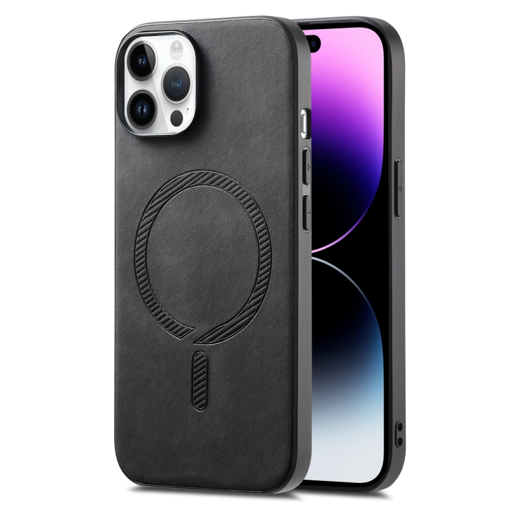 

For iPhone 14 Pro Max Solid Color Retro Magsafe PU Back Cover Phone Case(Black)