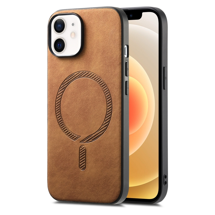 

For iPhone 12 Solid Color Retro Magsafe PU Back Cover Phone Case(Brown)