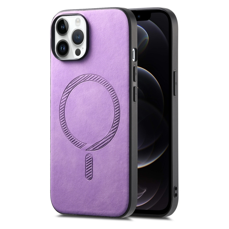

For iPhone 12 Pro Solid Color Retro Magsafe PU Back Cover Phone Case(Purple)