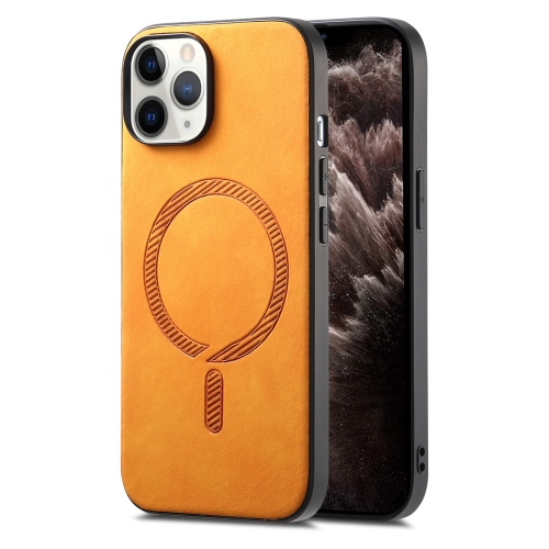 

For iPhone 11 Pro Solid Color Retro Magsafe PU Back Cover Phone Case(Yellow)