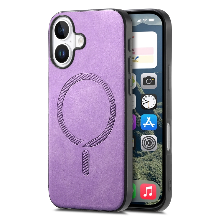 

For iPhone 16 Solid Color Retro Magsafe PU Back Cover Phone Case(Purple)