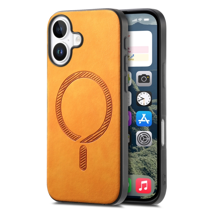 

For iPhone 16 Solid Color Retro Magsafe PU Back Cover Phone Case(Yellow)