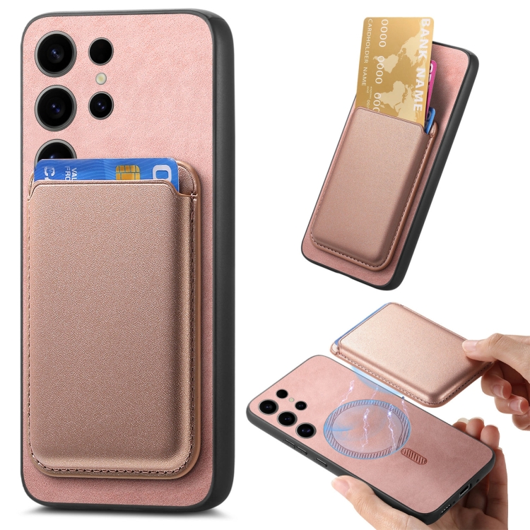 

For Samsung Galaxy S23 Ultra 5G Retro Magsafe Card Bag PU Back Cover Phone Case(Pink)