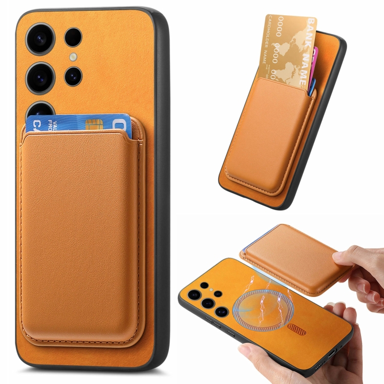 

For Samsung Galaxy S23 Ultra 5G Retro Magsafe Card Bag PU Back Cover Phone Case(Yellow)