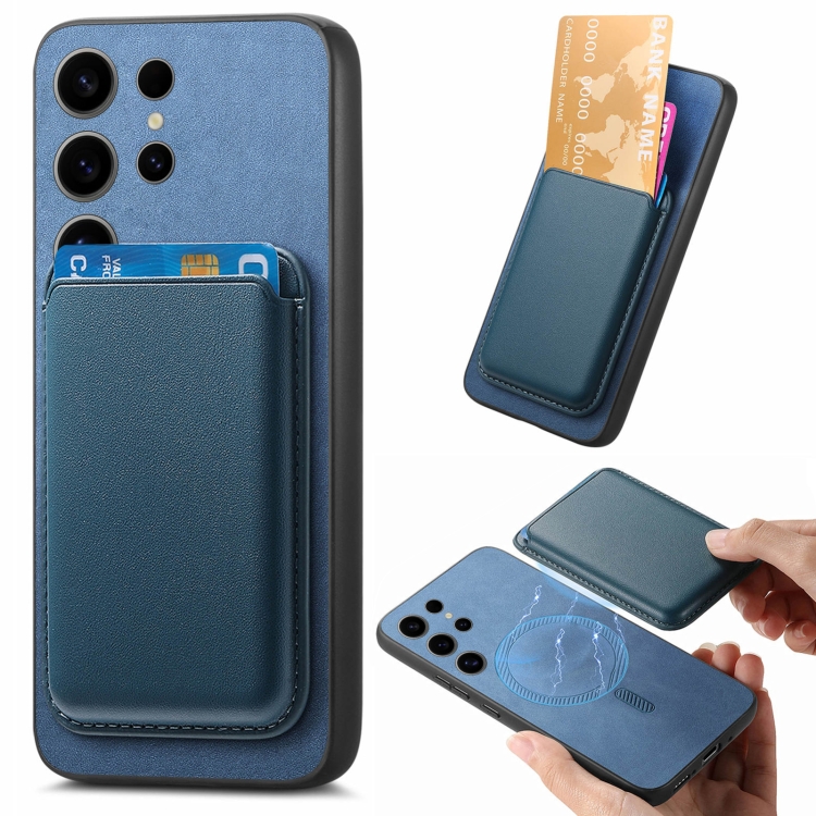 

For Samsung Galaxy S23 Ultra 5G Retro Magsafe Card Bag PU Back Cover Phone Case(Blue)