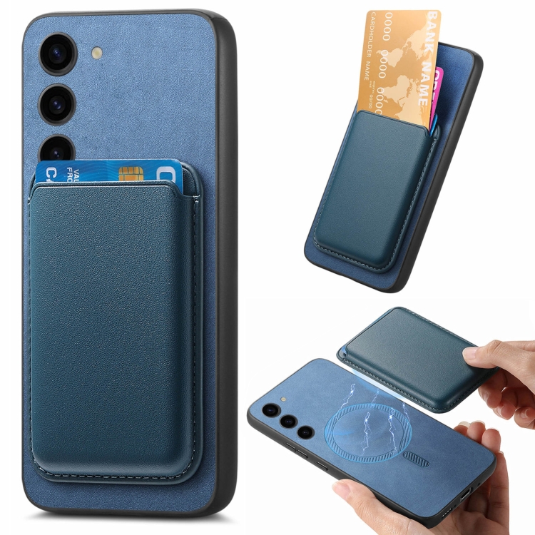 

For Samsung Galaxy S23+ 5G Retro Magsafe Card Bag PU Back Cover Phone Case(Blue)
