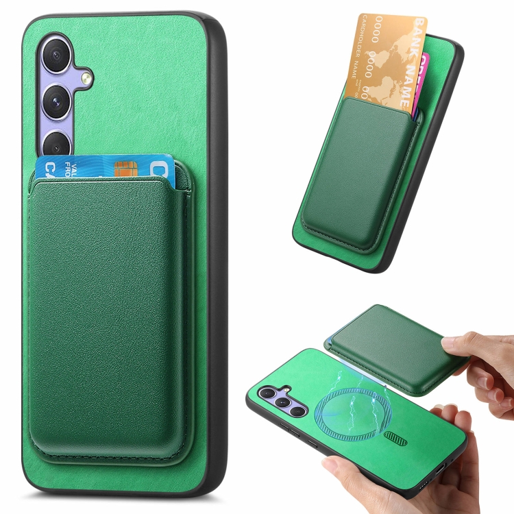 

For Samsung Galaxy A35 Retro Magsafe Card Bag PU Back Cover Phone Case(Green)