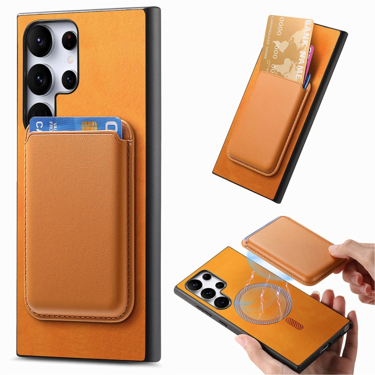 

For Samsung Galaxy S25 Ultra 5G Retro Magsafe Card Bag PU Back Cover Phone Case(Yellow)