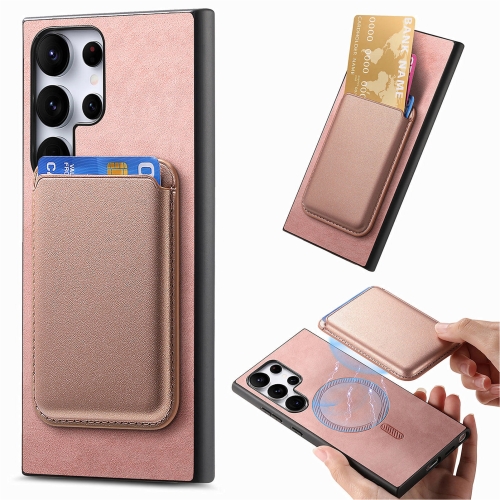 

For Samsung Galaxy S25 Ultra 5G Retro Magsafe Card Bag PU Back Cover Phone Case(Pink)