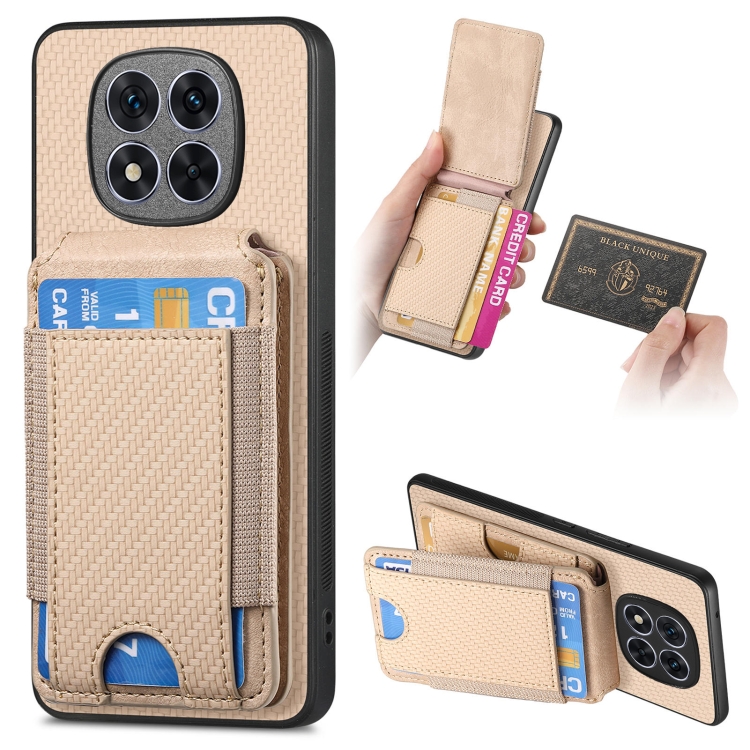 

For Xiaomi Redmi Note 14 Pro+ 5G Carbon Fiber Vertical Flip Wallet Stand Phone Case(Khaki)