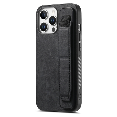 

For iPhone 16 Pro Retro Wristband Holder Leather Back Phone Case(Black)