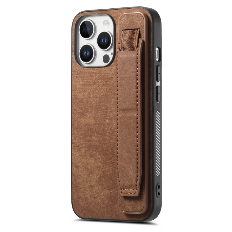 

For iPhone 16 Pro Retro Wristband Holder Leather Back Phone Case(Brown)