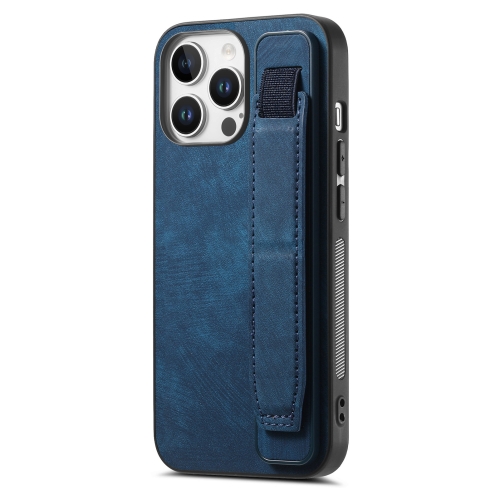 

For iPhone 16 Pro Retro Wristband Holder Leather Back Phone Case(Blue)