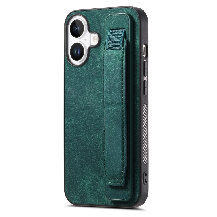 

For iPhone 16 Plus Retro Wristband Holder Leather Back Phone Case(Green)