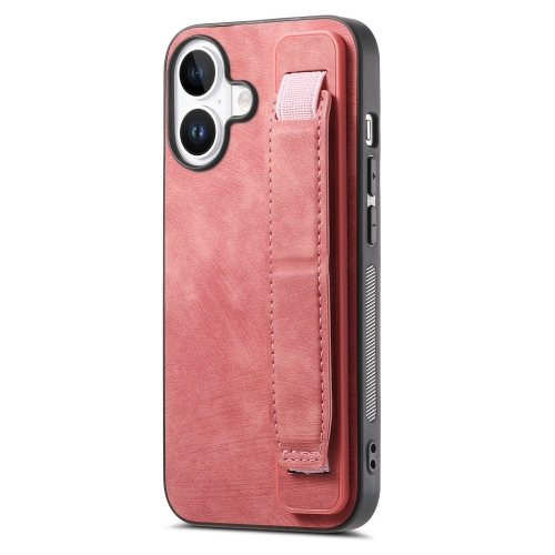 

For iPhone 16 Retro Wristband Holder Leather Back Phone Case(Pink)