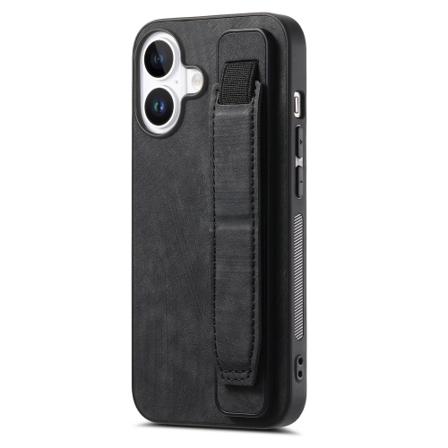 

For iPhone 16 Retro Wristband Holder Leather Back Phone Case(Black)