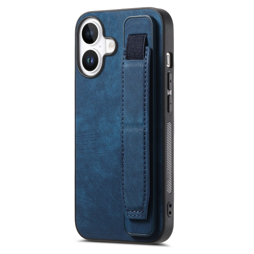 

For iPhone 16 Retro Wristband Holder Leather Back Phone Case(Blue)