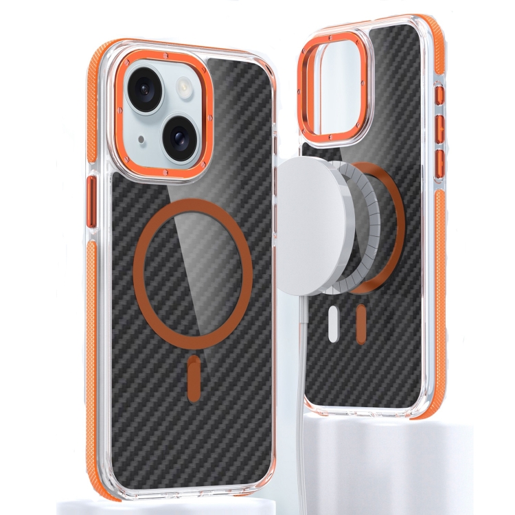

For iPhone 15 Magsafe Dual-Color Carbon Fiber Phone Case(Orange)