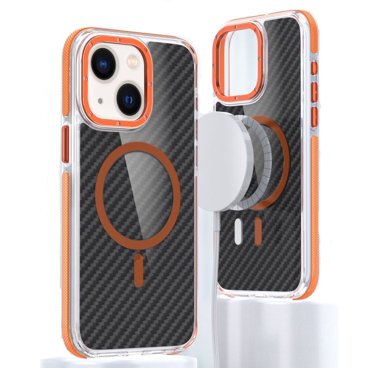 

For iPhone 14 Magsafe Dual-Color Carbon Fiber Phone Case(Orange)