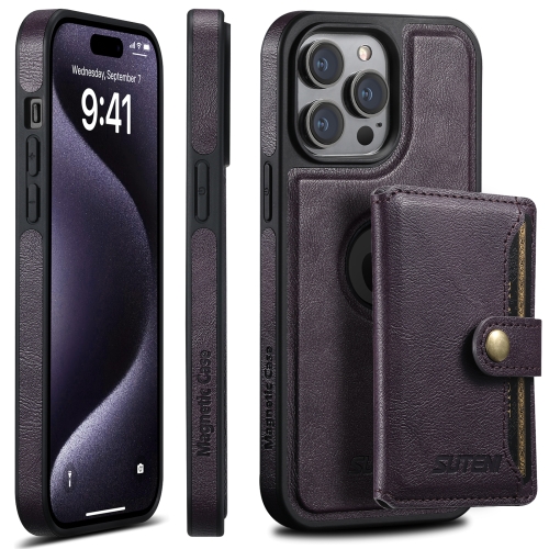 

For iPhone 15 Pro Suteni M1 Oil Wax MagSafe Detachable Horizontal Card Bag Phone Case(Purple)