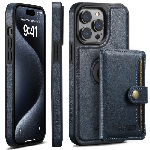 

For iPhone 15 Pro Suteni M1 Oil Wax MagSafe Detachable Horizontal Card Bag Phone Case(Blue)