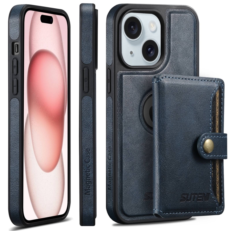 

For iPhone 15 Plus Suteni M1 Oil Wax MagSafe Detachable Horizontal Card Bag Phone Case(Blue)