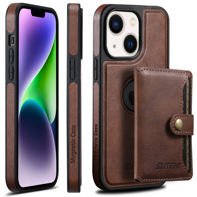 

For iPhone 14 Plus Suteni M1 Oil Wax MagSafe Detachable Horizontal Card Bag Phone Case(Brown)