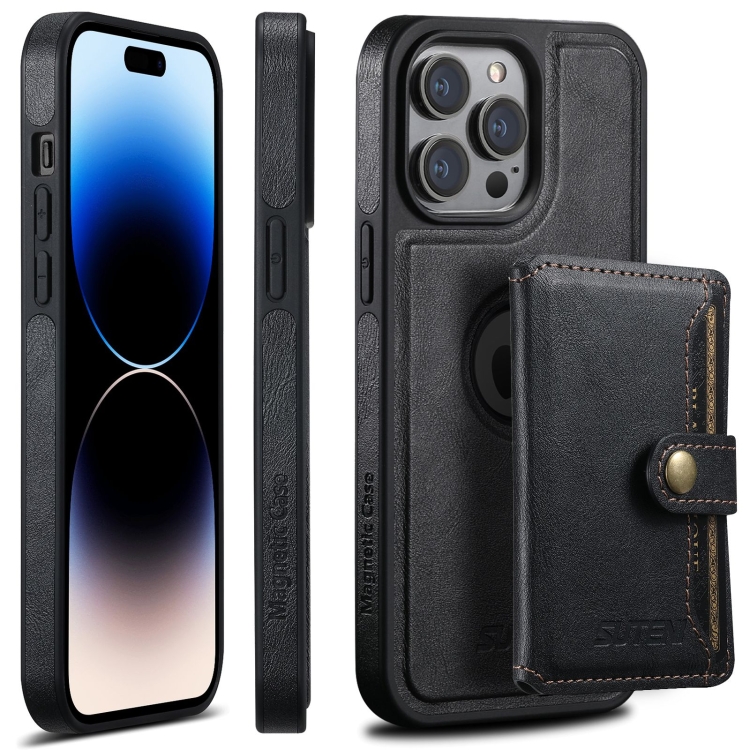 

For iPhone 14 Pro Suteni M1 Oil Wax MagSafe Detachable Horizontal Card Bag Phone Case(Black)