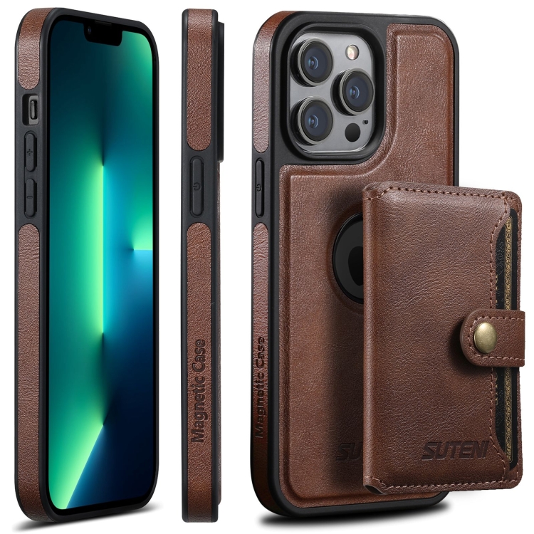 

For iPhone 13 Pro Max Suteni M1 Oil Wax MagSafe Detachable Horizontal Card Bag Phone Case(Brown)