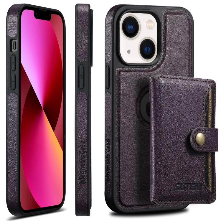 

For iPhone 13 Suteni M1 Oil Wax MagSafe Detachable Horizontal Card Bag Phone Case(Purple)