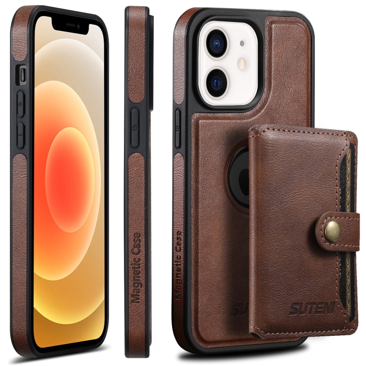 

For iPhone 12 Suteni M1 Oil Wax MagSafe Detachable Horizontal Card Bag Phone Case(Brown)