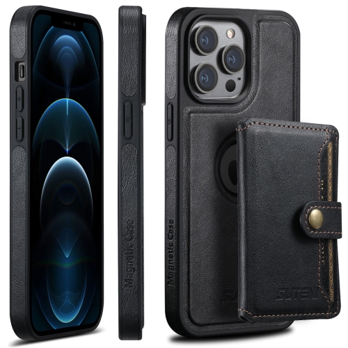

For iPhone 12 Pro Max Suteni M1 Oil Wax MagSafe Detachable Horizontal Card Bag Phone Case(Black)