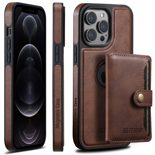 

For iPhone 12 Pro Suteni M1 Oil Wax MagSafe Detachable Horizontal Card Bag Phone Case(Brown)