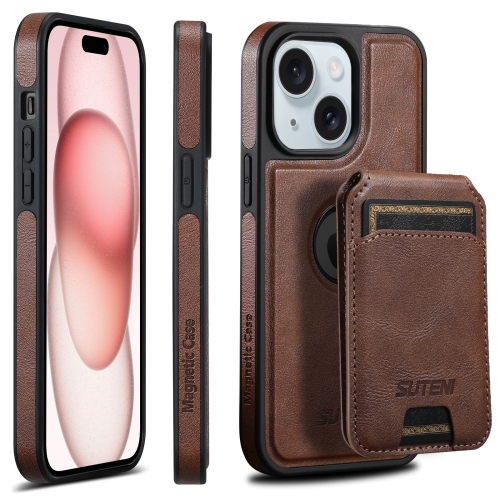 

For iPhone 15 Plus Suteni M2 Oil Wax MagSafe Horizontal Card Bag Phone Case(Brown)