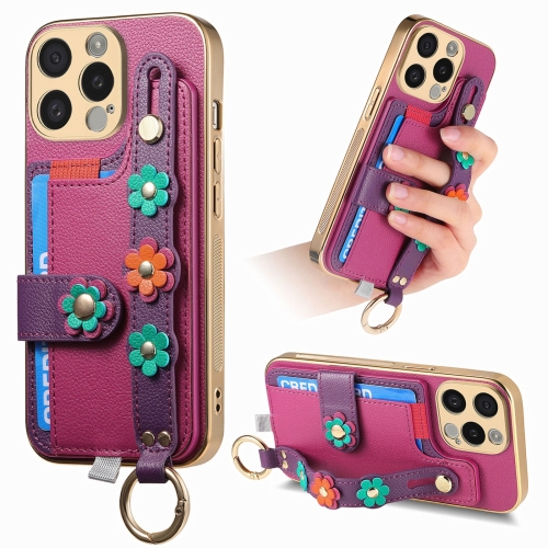 For iPhone 15 Pro Max Stereoscopic Flowers Wristband Card Bag Phone Case(Purple)