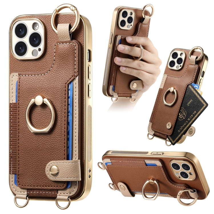 

For iPhone 15 Pro Fashion Ring Card Bag Phone Case with Hang Loop(Brown)