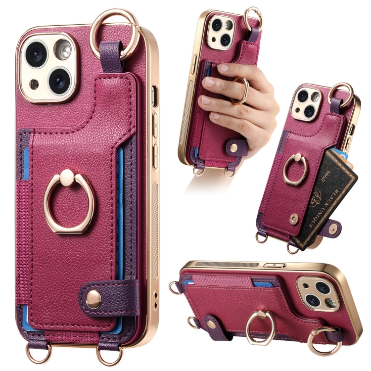 

For iPhone 15 Plus Fashion Ring Card Bag Phone Case with Hang Loop(Purple)