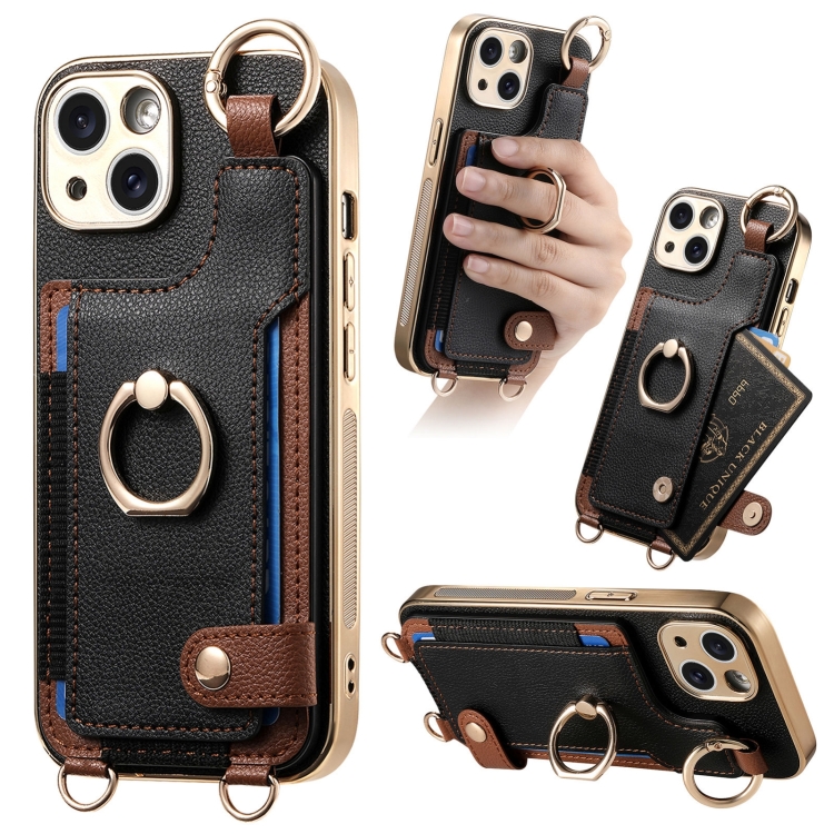 

For iPhone 15 Fashion Ring Card Bag Phone Case with Hang Loop(Black)