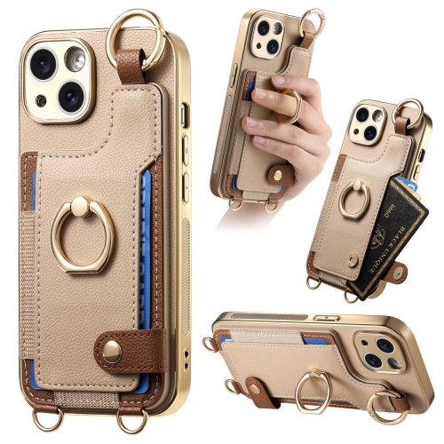 

For iPhone 14 Plus Fashion Ring Card Bag Phone Case with Hang Loop(Khaki)