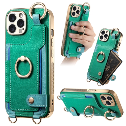 

For iPhone 14 Pro Max Fashion Ring Card Bag Phone Case with Hang Loop(Green)