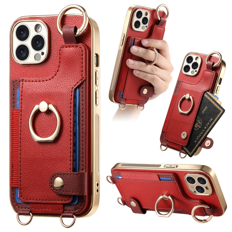 

For iPhone 12 Pro Max Fashion Ring Card Bag Phone Case with Hang Loop(Red)