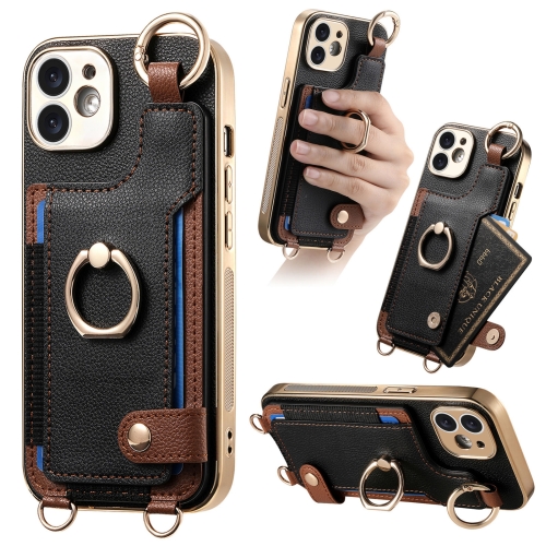 

For iPhone 11 Fashion Ring Card Bag Phone Case with Hang Loop(Black)