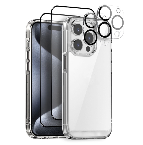 

For iPhone 15 Pro Max NORTHJO 5 in 1 Clear Phone Case with 2pcs Screen Film + 2pcs Rear Lens Film