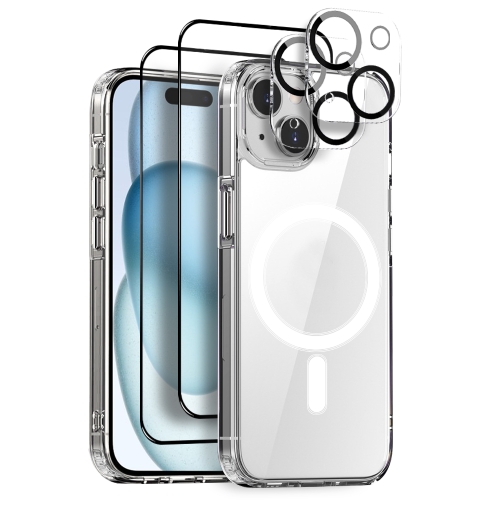 

For iPhone 15 Plus NORTHJO 5 in 1 Magsafe Clear Phone Case with 2pcs Screen Film + 2pcs Rear Lens Film