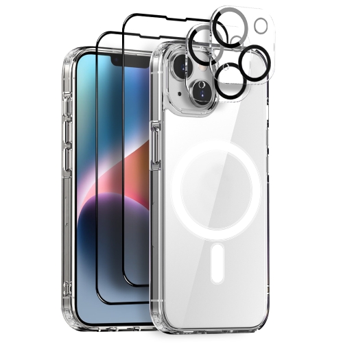 

For iPhone 14 Plus NORTHJO 5 in 1 Magsafe Clear Phone Case with 2pcs Screen Film + 2pcs Rear Lens Film