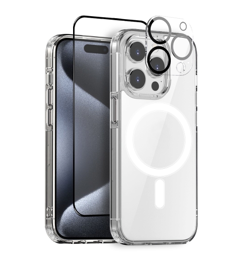 

For iPhone 15 Pro Max NORTHJO 3 in 1 Magsafe Clear Phone Case with Screen Film + Rear Lens Film