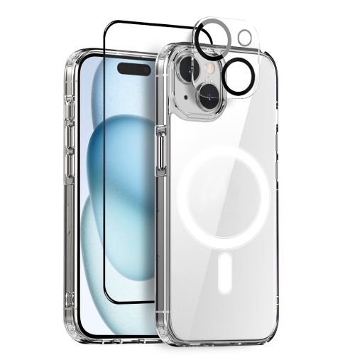 

For iPhone 15 Plus NORTHJO 3 in 1 Magsafe Clear Phone Case with Screen Film + Rear Lens Film