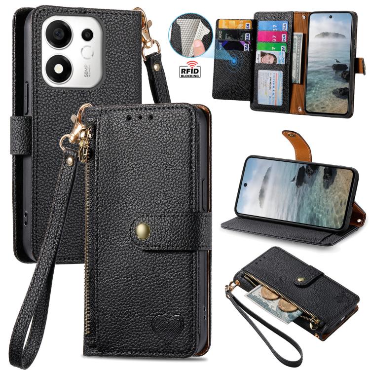 For Honor 600 Smart 5G Love Zipper Lanyard Leather Phone Case(Black)