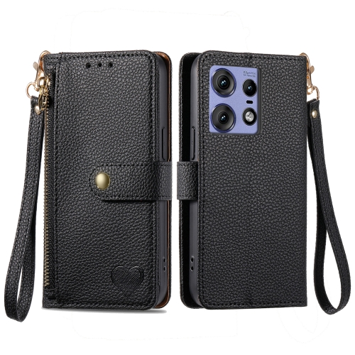 

For Motorola Edge 50 Pro Love Zipper Lanyard Leather Phone Case(Black)