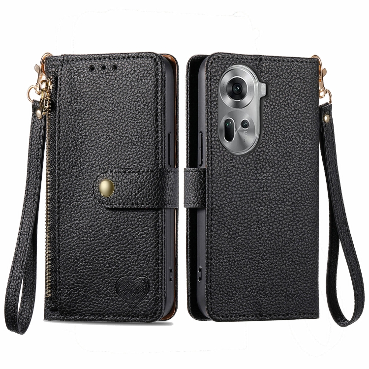 

For OPPO Reno11 5G Global Love Zipper Lanyard Leather Phone Case(Black)